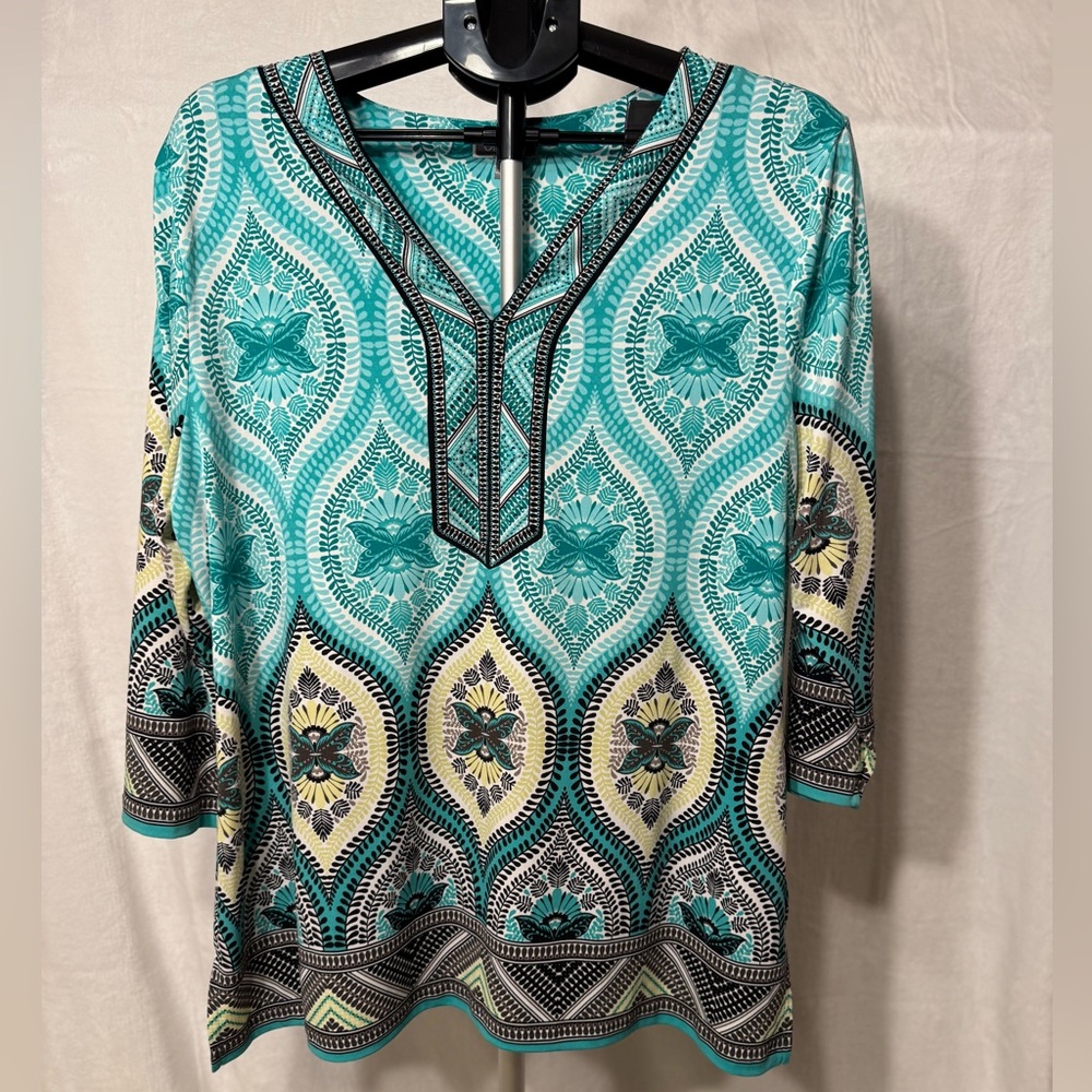 JM Collection Teal and Black Geometric Tunic